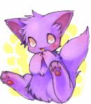  2008 ambiguous_gender blush domestic_cat fangs felid feline felis feral fur hand_on_face legs_up looking_up low_res mammal open_mouth pawpads paws pink_eyes purple_body purple_fur raised_tail simple_background solo suppainu tail teeth three-quarter_view 