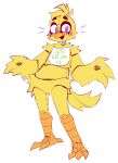  4_toes ambiguous_gender animatronic anisodactyl anthro avian avian_feet beak bib bib_only bird blush chica_(fnaf) chicken feather_hands feathered_wings feathers feet five_nights_at_freddy&#039;s g4cruf0 galliform gallus_(genus) head_tuft hi_res machine phasianid robot scottgames smile solo tail_feathers toes toony tuft wings yellow_body yellow_feathers 