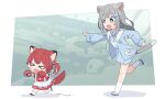  2girls akami_karubi animal_ears animal_hands apron blue_bow blue_bowtie blue_eyes blue_jacket blush_stickers bow bowtie cat_ears cat_girl cat_tail chasing dress full_body gloves highres indie_virtual_youtuber jacket long_hair long_sleeves multiple_girls nachoneko open_mouth paw_gloves potato7192 red_dress red_hair running shirt socks tail virtual_youtuber white_apron white_shirt white_socks 