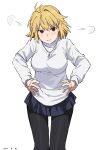  1girl ahoge arcueid_brunestud black_pantyhose blonde_hair breasts hands_on_own_hips highres jewelry large_breasts miniskirt pantyhose pendant pout red_eyes skirt sweater takatisakana tsukihime tsukihime_(remake) white_background white_sweater 