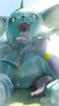  9:16 absurd_res amarali_(artist) ambiguous_gender anthro blue_body duo eeveelution feral first_person_view generation_1_pokemon genitals hi_res light looking_at_viewer male male/ambiguous mouth_shot nintendo open_mouth outside penis pokemon pokemon_(species) sunlight vaporeon water wet 