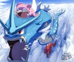  above_clouds alternate_color closed_eyes cloud commentary_request fangs flying gyarados highres no_humans on_head open_mouth pokemon pokemon_(creature) pokemon_on_head red_eyes riding riding_pokemon shiny_pokemon signature slowpoke tatsumi_(panneko) tongue 