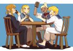  2boys 2girls blonde_hair blush braid brown_hair crown_braid cup dark-skinned_female dark_skin drinking dual_persona highres in-franchise_crossover japanese_clothes link looking_at_another mug multiple_boys multiple_girls open_mouth pointy_ears ponytail princess_zelda sailor_collar senzo6700 short_ponytail smile tetra the_legend_of_zelda the_legend_of_zelda:_tears_of_the_kingdom the_legend_of_zelda:_the_wind_waker toon_link 