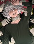  1boy black_shirt boku_no_hero_academia collarbone disembodied_limb extra_hands fingernails grey_hair hair_between_eyes hand_on_own_arm long_sleeves looking_at_viewer male_focus mole mole_under_mouth red_eyes rnuyvm scar scar_on_face scar_on_mouth shigaraki_tomura shirt short_hair solo 