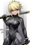  1girl alina_novikov black_bodysuit blonde_hair blue_eyes bodysuit breasts closed_mouth commission covered_navel highres holding holding_weapon large_breasts looking_at_viewer original short_hair skeb_commission smile solo sunao_(70_the) weapon 