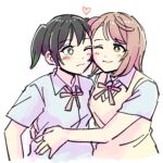  2girls ;) black_hair cheek-to-cheek closed_mouth commentary gradient_hair green_eyes hair_between_eyes heads_together heart hug light_blush love_live! love_live!_nijigasaki_high_school_idol_club medium_hair multicolored_hair multiple_girls nijigasaki_academy_school_uniform one_eye_closed orange_hair school_uniform sketch smile solllolll swept_bangs takasaki_yuu twintails uehara_ayumu wavy_mouth white_background yellow_eyes yuri 