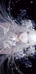  air_bubble artist_name blue_eyes bubble character_request copyright_request eyelashes flower hair_between_eyes highres koshika_rina leaf long_hair looking_at_viewer lying on_back parted_lips sleeveless solo upper_body water_drop white_flower white_hair 