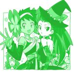  3girls cofagrigus detached_sleeves dress flower gloves green_theme hair_flower hair_ornament hairband halloween_costume hand_up hat heart highres hilda_(pokemon) kenchi long_hair monochrome multiple_girls official_alternate_costume open_mouth phoebe_(fall_2023)_(pokemon) phoebe_(pokemon) pokemon pokemon_(creature) pokemon_(game) pokemon_bw pokemon_masters_ex roxanne_(fall_2023)_(pokemon) roxanne_(pokemon) runerigus twintails white_background witch_hat 