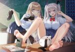  2girls absurdres bare_legs barefoot blonde_hair blue_eyes blue_skirt bow bowtie cang_se_ye_hua cellphone feet highres holding holding_shoes lexington_(azur_lane) lexington_(warship_girls_r) long_hair looking_at_viewer multiple_girls open_mouth panties panty_pull phone shirt shoes skirt socks soles toes twintails underwear warship_girls_r white_hair white_panties white_shirt 