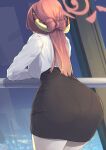  1girl absurdres aru_(blue_archive) ass black_skirt blue_archive breasts commentary_request from_behind halo highres horns kakimoto_nao large_breasts long_hair long_sleeves red_hair red_halo shirt shirt_tucked_in skirt solo thighs white_shirt 