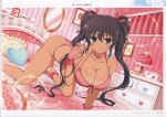  1girl absurdres all_fours bare_shoulders bed bra breasts brown_hair cleavage gloves green_eyes highres indoors large_breasts long_hair looking_at_viewer official_art page_number panties scan senran_kagura senran_kagura_new_link shiny_skin simple_background smile solo tan tanlines thighs twintails underwear yaegashi_nan 