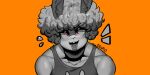  anthro clothing curled_hair eldiipiid hair half-closed_eyes harry_gray_(eldiipiid) hi_res lagomorph leporid male mammal monochrome narrowed_eyes open_mouth open_smile orange_background rabbit shirt simple_background smile solo tank_top tongue tongue_out topwear 