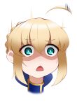  1girl ahoge artoria_pendragon_(fate) blonde_hair blue_eyes chestnut_mouth chibi cropped_torso english_commentary fate/stay_night fate_(series) green_eyes hair_between_eyes hair_bun hair_ribbon looking_at_viewer motion_lines open_mouth ribbon saber shaded_face short_hair sidelocks simple_background single_hair_bun solo white_background zealyush 