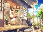  1girl 4boys all_fours apron architecture bald barefoot bindi black_hair blonde_hair blue_robe blue_shorts bombyxmori_ckr brown_pants calendar_(object) casual clothesline collared_shirt crossed_legs denim denim_shorts east_asian_architecture eating electric_fan elena_(ff7) final_fantasy final_fantasy_vii food frilled_apron frills fruit full_body goggles goggles_on_head green_shirt hand_fan highres holding holding_fan holding_food indoors japanese_clothes kneeling laundry light low_ponytail multiple_boys outdoors pants plant porch print_shirt red_hair reno_(ff7) robe rude_(ff7) rufus_shinra sandals shirt short_hair short_hair_with_long_locks shorts sideburns sitting standing swept_bangs tank_top tree tseng watermelon watermelon_slice white_apron white_shirt 