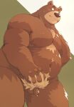  2023 5_fingers absurd_res anthro arufina_w balls bear belly big_moobs brown_balls brown_body brown_fur brown_nose brown_penis censored chest_tuft colored countershade_snout countershading fingers flaccid foreskin fur genitals green_background hand_on_crotch hi_res long_foreskin looking_at_viewer male mammal moobs multicolored_body multicolored_fur navel nude overweight overweight_anthro overweight_male penis pixelated pubes simple_background small_penis snout solo tan_body tan_countershading tan_fur tan_pubes tuft two_tone_body two_tone_fur unretracted_foreskin white_background 