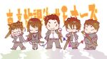  &gt;_&lt; 1girl 4boys :&gt; bandaid bandaid_on_face bandaid_on_nose belt chibi closed_eyes closed_mouth colored_text commentary_request copyright_name diagonal_stripes full_body funo_(cloth_xno) grin holding holding_sword holding_weapon long_hair magatama multiple_boys necktie protagonist_1_(housamo) protagonist_2_(housamo) protagonist_3_(housamo) protagonist_4_(housamo) protagonist_5_(housamo) school_uniform shadow shirt short_hair skirt smile striped sword tokyo_afterschool_summoners weapon white_background white_shirt 