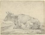  19th_century 2_horns absurd_res ancient_art bovid bovine cattle chalk_(artwork) female feral formal_art fur grass hi_res hooves horn mammal narrowed_eyes outside pieter_gerardus_van_os plant side_view sitting snout solo tail traditional_media_(artwork) tree water 