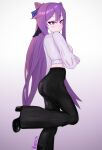  1girl absurdres ass back bell-bottoms cone_hair_bun double_bun from_behind full_body hair_bun hair_ears highres keqing_(genshin_impact) kotash long_hair looking_back no_mouth non-web_source pants purple_eyes purple_hair self-upload shirt simple_background solo twintails white_background white_shirt 