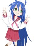  1girl :3 ahoge blue_hair blush blush_stickers closed_mouth commentary double_v eyelashes feet_out_of_frame green_eyes hair_between_eyes hands_up izumi_konata long_hair looking_at_viewer lucky_star mole mole_under_eye neckerchief pink_neckerchief pleated_skirt red_sailor_collar red_skirt ryouou_school_uniform sailor_collar school_uniform serafuku shadow shino_dayou sidelocks simple_background skirt solo standing v very_long_hair white_background 