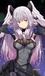  1girl arms_behind_head black_dress blue_eyes breasts cowboy_shot curly_hair detached_sleeves dress feather_trim feathered_wings feathers grey_hair head_wings highres izumi_mahiru large_breasts long_hair looking_to_the_side melia_antiqua pinstripe_pattern purple_background see-through smile solo striped twitter_username wings xenoblade_chronicles_(series) xenoblade_chronicles_3 