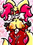  5_fingers anthro big_breasts bodily_fluids breasts delphox eyewear female fingers fur generation_6_pokemon genital_fluids genitals glasses hi_res lewdchuu_(artist) navel nintendo nipples orange_nipples pink_eyes pokemon pokemon_(species) pussy pussy_juice solo tail tongue tongue_out yellow_body 