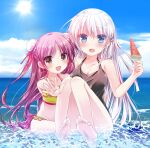  2girls :d asahina_yori bare_arms barefoot bikini black_one-piece_swimsuit blue_eyes blue_sky blunt_ends blush breasts child cleavage cloud collarbone commentary_request convenient_leg day double_bun eyelashes eyes_visible_through_hair feet floating_hair food frilled_bikini frills full_body grey_eyes groin hair_between_eyes hair_bun hair_ornament hairclip halterneck happy highres holding holding_food holding_ice_cream ice_cream katou_umi knees_together_feet_apart knees_up large_breasts long_hair looking_at_viewer multiple_girls naruse_shiroha ocean one-piece_swimsuit open_hand open_mouth outdoors popsicle purple_hair shiny_skin sitting sky smile soles summer summer_pockets sun swimsuit toes very_long_hair watermelon_bar waves white_hair yellow_bikini 
