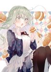  1girl :o apron black_pantyhose blue_dress blush braid cecilia_(shiro_seijo_to_kuro_bokushi) cream dress floral_print food food_on_face frills green_eyes green_hair hair_between_eyes hands_up highres holding holding_food kazutake_hazano long_hair long_sleeves open_mouth pantyhose shiro_seijo_to_kuro_bokushi solo white_apron 