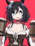  1girl animal_ears beer_mug black_hair blue_eyes blush breasts choker cleavage commentary_request cup dirndl eishin_flash_(umamusume) foam german_clothes hair_between_eyes hair_ribbon holding holding_cup horse_ears horse_girl large_breasts mug mzh open_mouth pink_background ribbon short_hair simple_background solo umamusume upper_body wide_sleeves 
