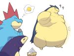  ambiguous_gender belly big_belly bodily_fluids confusion embarrassed feral feraligatr generation_2_pokemon hi_res hisuian_form hisuian_typhlosion nintendo obese overweight overweight_feral pokemon pokemon_(species) regional_form_(pokemon) simple_background sweat sweatdrop text typhlosion white_background zephy_03 