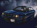  1girl black_eyes black_hair blue_archive blue_background blue_hairband bmw bmw_m5 drifting driving frown hairband halo highres license_plate long_hair looking_at_viewer motion_blur nougat_(73r1r1) right-hand_drive smoke ui_(blue_archive) vehicle_focus 