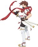  1boy black_gloves black_mask boots brown_eyes brown_hair full_body gloves highres holding holding_weapon lloyd_irving lloyd_irving_(fang_of_the_white_lions) official_alternate_costume official_art pants red_scarf scarf short_sleeves solo spiked_hair sword tales_of_(series) tales_of_asteria tales_of_symphonia thigh_boots transparent_background weapon white_footwear 
