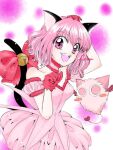  1990s_(style) 1girl animal_ears anmitsu_is1 bell bow breasts cat_ears cat_girl cat_tail dress gloves medium_hair mew_ichigo momomiya_ichigo pink_eyes pink_hair red_bow red_gloves retro_artstyle small_breasts smile tail tokyo_mew_mew 