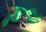  &lt;3 &lt;3_eyes anthro balls black_body black_fur bodily_fluids cum duo ejaculation erection fur genital_fluids genitals glans green_body green_skin hi_res holding_penis human kneeling league_of_legends looking_at_another looking_at_partner lying male mammal mordekaiser_(lol) muscular on_side orgasm penis pink_glans riot_games simple_background size_difference veigar watermark worecan yellow_eyes yordle 