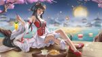  1girl absurdres artist_request bare_legs bare_shoulders braided_hair_rings carrot_on_stick cloud detached_sleeves double_bun dress flower hair_bun hair_flower hair_ornament highres holding holding_stick huo_linger_(wanmei_shijie) lantern long_hair lotus moon mountain night open_mouth rabbit red_dress second-party_source sitting solo stick twintails wanmei_shijie water 