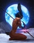  1girl absurdres black_hair broad_shoulders caio_santos dark-skinned_female dark_skin final_fantasy final_fantasy_xiv highres impaled injury kneeling lens_flare muscular muscular_female nude planet polearm rabbit_tail scar solo space tagme tail viera weapon 