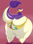  2023 absurd_res alternate_color anthro big_butt biped bloocherrypie bodily_fluids bottom_heavy butt clothed clothing crossed_arms fan_character fangs frown fruit_gushers generation_5_pokemon grape_soda_(nya4) hi_res huge_butt huge_thighs hyper hyper_butt hyper_thighs ineffective_clothing looking_at_viewer looking_back looking_back_at_viewer low-angle_view male mostly_nude multicolored_body nintendo panties panties_only pink_background pokemon pokemon_(species) pupils purple_body raised_tail rear_view red_sclera simple_background slit_pupils snivy solo standing sweat sweat_stain sweatdrop sweaty_butt tail tan_body teeth thick_thighs tight_clothing tight_panties topless two_tone_body underwear underwear_only white_eyes 