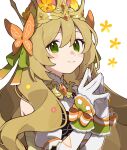  1girl blonde_hair bow butterfly_hair_ornament celine_(fire_emblem) closed_mouth crown dress elbow_gloves fire_emblem fire_emblem_engage flower gloves green_eyes green_ribbon hair_between_eyes hair_flower hair_ornament hair_ribbon highres long_sleeves looking_at_viewer own_hands_together ribbon smile solo upper_body white_background white_gloves wrist_bow yu_go8 