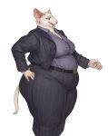  2021 anthro belt blonde_hair bottomwear business_attire business_suit cettus clothed clothing domestic_cat dress_shirt felid feline felis female fully_clothed fur gesture hair hairless hairless_cat hand_on_hip hi_res jacket mammal open_mouth overweight overweight_anthro overweight_female pants peterbald shirt side_view sigfrid_brandvold simple_background solo standing suit topwear white_background white_body white_fur 