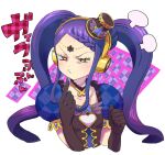  1girl =3 annoyed black_gloves black_headwear blue_hair braid braided_bangs breasts closed_mouth commentary_request forehead_jewel galala_s_leep gloves gold_trim half-closed_eyes hands_up hat hat_ornament headphones idol_time_pripara long_hair looking_to_the_side mini_hat mini_top_hat moudoku_(decopon3rd) o3o pretty_(series) pripara puffy_short_sleeves puffy_sleeves short_sleeves small_breasts solo star_(symbol) star_hat_ornament top_hat translation_request twintails upper_body v-shaped_eyebrows very_long_hair white_background yellow_eyes 