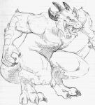  anthro barefoot biped claws dragon feet hidden_genitals horn lupesilverwind male nude open_mouth pen_and_ink pupils scalie slit_pupils solo teeth tongue 