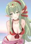  1girl absurdres arms_behind_back bare_shoulders bikini breasts cleavage collarbone crossed_bangs fire_emblem fire_emblem_awakening fire_emblem_heroes green_eyes green_hair hair_ornament highres long_hair looking_at_viewer n_54 navel official_alternate_costume pointy_ears ponytail red_bikini sarong solo swimsuit tiki_(adult)_(fire_emblem) tiki_(adult)_(summer)_(fire_emblem) tiki_(fire_emblem) very_long_hair 