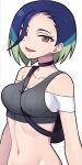  1girl :d bag bare_shoulders between_breasts black_choker blue_hair breasts brown_eyes choker collarbone commentary_request cowboy_shot green_hair grey_sports_bra groin hair_between_eyes hashi looking_at_viewer medium_breasts midriff multicolored_hair navel off-shoulder_shirt off_shoulder open_mouth perrin_(pokemon) pink_eyeliner pokemon pokemon_(game) pokemon_sv shirt simple_background smile solo sports_bra standing strap_between_breasts undershirt v-neck white_background 