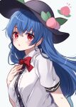  1girl black_headwear blue_hair blush buttons collared_shirt fruit_hat_ornament hair_between_eyes hat_ornament highres hinanawi_tenshi long_hair meimei_(meimei89008309) parted_lips peach_hat_ornament red_eyes shirt short_sleeves simple_background solo touhou upper_body white_background white_shirt 
