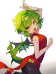  1girl absurdres arm_up black_pants blush breasts brown_eyes china_dress chinese_clothes draco_centauros dragon_girl dragon_horns dragon_tail dragon_wings dress elbow_gloves fang gloves gradient_background green_hair highres horns looking_at_viewer medium_breasts offbeat open_mouth pants pointy_ears puyopuyo red_dress red_footwear shiny_clothes sleeveless sleeveless_dress smile solo tail white_gloves wings 