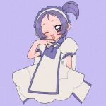  1girl ;d blush commentary_request dress hand_up looking_at_viewer ojamajo_doremi one_eye_closed open_mouth puffy_short_sleeves puffy_sleeves purple_background purple_eyes purple_hair purple_scarf scarf segawa_onpu shirokuma_(bluuuuue7_ao) short_hair short_sleeves side_ponytail simple_background smile solo white_dress 