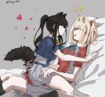  2girls animal_ear_fluff animal_ears aqua_ribbon black_hair black_socks blonde_hair blue_dress blush bob_cut breasts cat_ears cat_girl chinese_commentary closed_mouth collared_shirt commentary_request dog_ears dog_girl dog_tail dress eye_contact fafayu_0425 grey_background grey_dress hair_ribbon highres inoue_takina kemonomimi_mode kneehighs long_hair looking_at_another lycoris_recoil medium_breasts multiple_girls neck_ribbon nishikigi_chisato open_mouth ponytail red_dress red_ribbon ribbon shirt short_hair short_sleeves sidelocks simple_background socks tail tail_grab two-tone_dress white_shirt yuri 