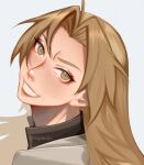  1boy ahoge aiphelix androgynous blonde_hair blush edward_elric fullmetal_alchemist grin highres long_hair male_focus red_eyeliner simple_background smile white_background yellow_eyes 