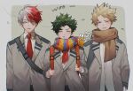  3boys artist_name backpack bag bakugou_katsuki blazer blonde_hair blush boku_no_hero_academia brown_scarf closed_eyes closed_mouth collared_shirt commentary_request expressionless freckles green_hair grey_background grey_jacket hair_between_eyes hands_up highres jacket lapels long_sleeves male_focus midoriya_izuku multicolored_clothes multicolored_hair multicolored_scarf multiple_boys necktie open_clothes open_jacket parted_lips raineemeow red_hair red_necktie scarf school_uniform shirt shirt_tucked_in short_hair simple_background spiked_hair split-color_hair standing striped striped_scarf thai_commentary todoroki_shouto two-tone_background two-tone_hair u.a._school_uniform untucked_shirt v-shaped_eyebrows watermark white_background white_hair white_shirt wind wing_collar 