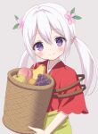  1girl apple basket blush chitosezaka_suzu closed_mouth commentary_request facial_mark flower food fruit grapes green_apple grey_background hair_between_eyes hair_flower hair_ornament highres japanese_clothes kimono long_hair looking_at_viewer low_twintails original peach pink_flower purple_eyes red_kimono short_sleeves simple_background skirt smile solo twintails white_hair wide_sleeves yellow_skirt 