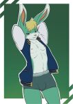  animal_crossing anthro bedroom_eyes boxer_briefs clothed clothing duo hands_behind_head hi_res jacket lagomorph leporid letterman_jacket looking_at_viewer male mammal narrowed_eyes nintendo nipples open_clothing open_jacket open_topwear rabbit sasha_(animal_crossing) seductive shiny_peacock topwear underwear 